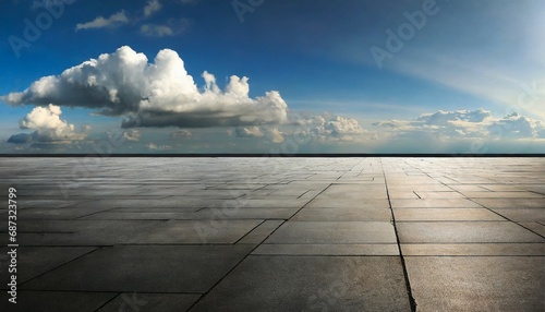 panoramic dark floor background with beautiful cloud horizon sky