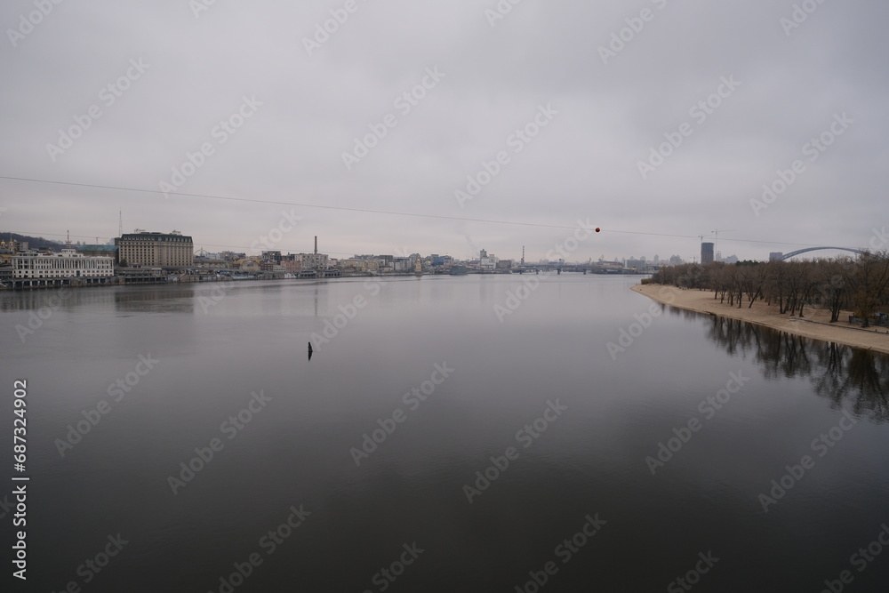 A view from a bridge of the Dniepr river. Kyiv Ukraine - November 17, 2023.