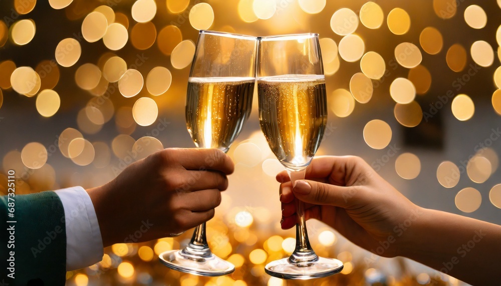 two hands with glasses of champagne wine clink against blurred golden lights festive background and celebration concept