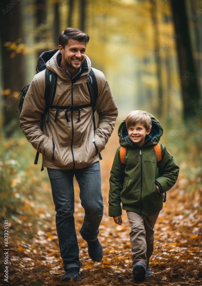 Fototapeta premium smiling son and father walking with backpacks through the forest, nature reserve, hiking, tall trees, blurred background, man, boy, trail, tourists, travel, hike, family, weekend together, child, kid