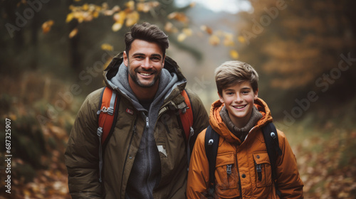 smiling son and father walking with backpacks through the forest  nature reserve  hiking  tall trees  blurred background  man  boy  trail  tourists  travel  hike  family  weekend together  child  kid