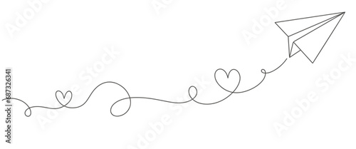 Paper art style of valentine's day greeting card and love concept.origami airplanes flying look like heart shape on clouds and blue sky.Vector illustration.