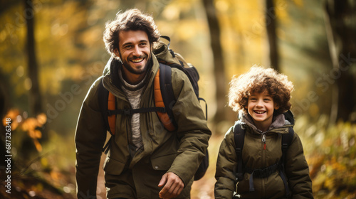 smiling son and father walking with backpacks through the forest, nature reserve, hiking, tall trees, blurred background, man, boy, trail, tourists, travel, hike, family, weekend together, child, kid