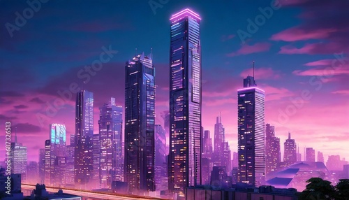 3d cgi rendered illustration retro anime inspired dark city at night skyline with buildings skyscrapers and digital pink neon sky © Irene
