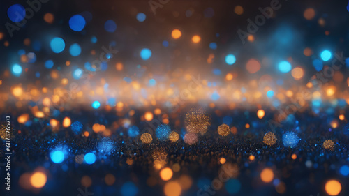 Blurry Ethereal Backdrop With Abstract Texture Bokeh Lights And Shadow Background Abstract background with mixture of gold and blue colors and defocused effect. Glittery texture  touch of magic 