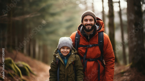 smiling son and father walking with backpacks through the forest, nature reserve, hiking, tall trees, blurred background, man, boy, trail, tourists, travel, hike, family, weekend together, child, kid