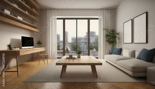 modern living room with table room with a table wood table with blurred modern apartment interior background modern living room with empty wooden tabletop with blurred living room ai generated © Irene
