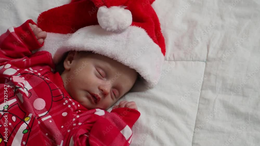 Sleeping, two week old, newborn, baby boy wearing a crocheted Santa hat with snowman plush toy. happy girl in santa claus hat hold hand demonstrate x-mas newyear advert promo wear warm winter clothes Sleeping, two week old, newborn, baby boy wearing a crocheted Santa hat with snowman plush toy. happy girl in santa claus hat hold hand demonstrate x-mas newyear advert promo wear warm winter clothes