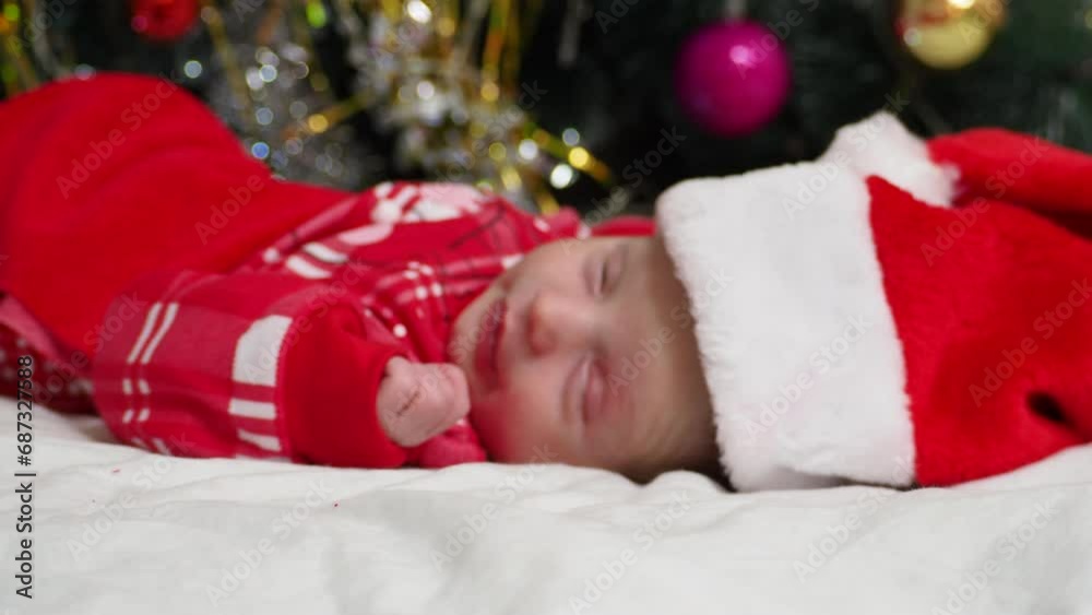 Sleeping, two week old, newborn, baby boy wearing a crocheted Santa hat with snowman plush toy. happy girl in santa claus hat hold hand demonstrate x-mas newyear advert promo wear warm winter clothes Sleeping, two week old, newborn, baby boy wearing a crocheted Santa hat with snowman plush toy. happy girl in santa claus hat hold hand demonstrate x-mas newyear advert promo wear warm winter clothes