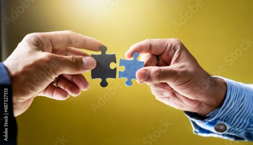 business solutions success and strategy concept two hands trying to connect couple puzzle with yellow background closeup hands of man connecting jigsaw puzzle