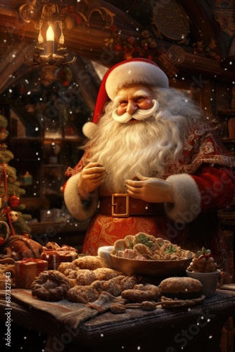 Santa Claus at the table smiling in a traditional Christmas scene