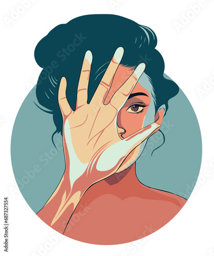 Woman depression, abuse, beating, girl, child, violence against women. Hand in front of the face to protect oneself from beatings
