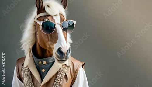 cool looking horse dog wearing funky fashion dress beige jacket vest leather sunglasses wide banner with space for text right side stylish animal posing as supermodel generative ai photo