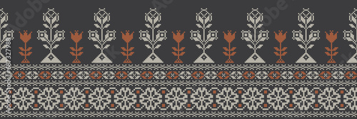 Abstract ethnic pixel border pattern flower. Aztec fabric boho mandalas India sari border design textile wallpaper. Tribal native motif African American saree borders Saree embroidery vector 