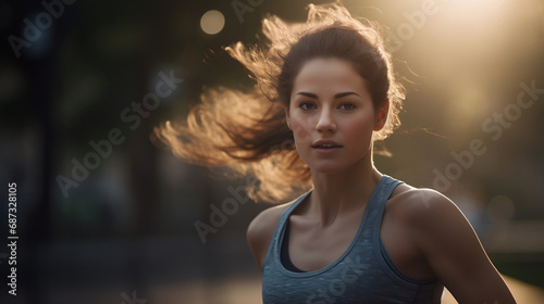 Portrait of beautiful young woman outdoor running jogging for healthy fitness lifestyle on blurred background