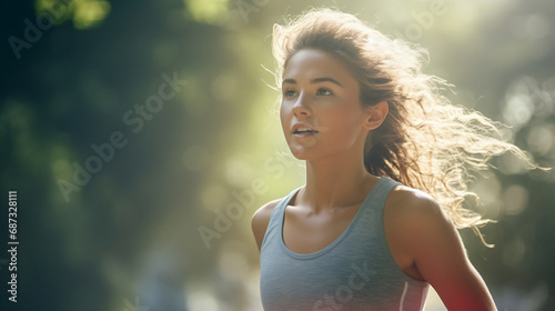 Portrait of beautiful young woman outdoor running jogging for healthy fitness lifestyle on blurred background