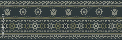 Abstract ethnic pixel border pattern flower. Aztec fabric boho mandalas India sari border design textile wallpaper. Tribal native motif African American saree borders Saree embroidery vector 