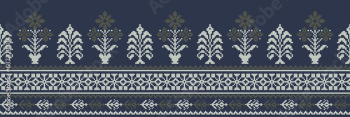 Abstract ethnic pixel border pattern flower. Aztec fabric boho mandalas India sari border design textile wallpaper. Tribal native motif African American saree borders Saree embroidery vector 