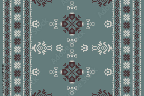 Abstract ethnic pixel border pattern flower. Aztec fabric boho mandalas India sari border design textile wallpaper. Tribal native motif African American saree borders Saree embroidery vector 
