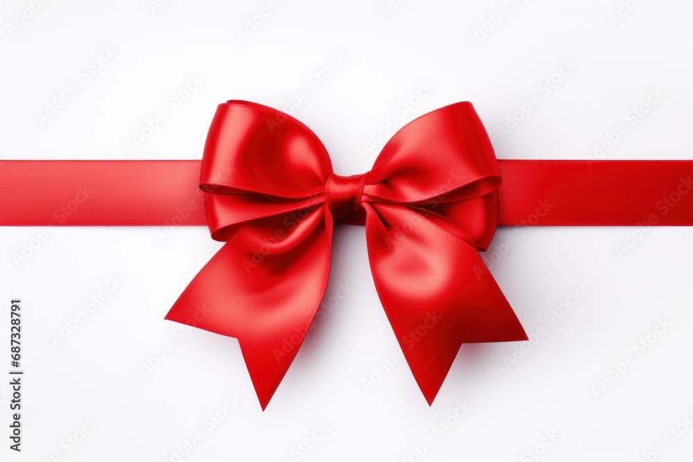 Glossy red ribbon with bow, ideal for Christmas gifts, on white backdrop