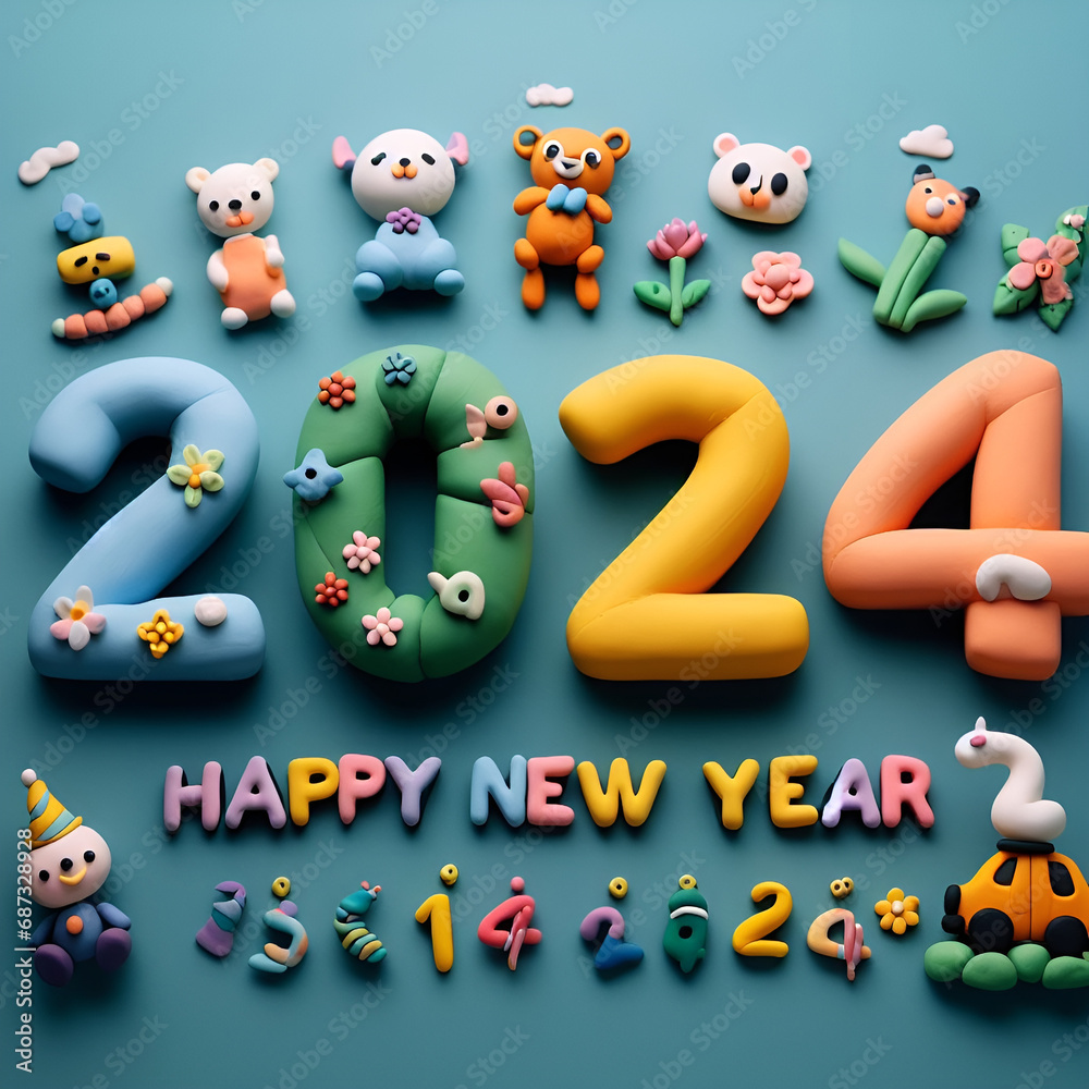 Happy New Year 2024 made with colored clay.Generative AI Happy New Year 2024 made with colored clay.Generative AI