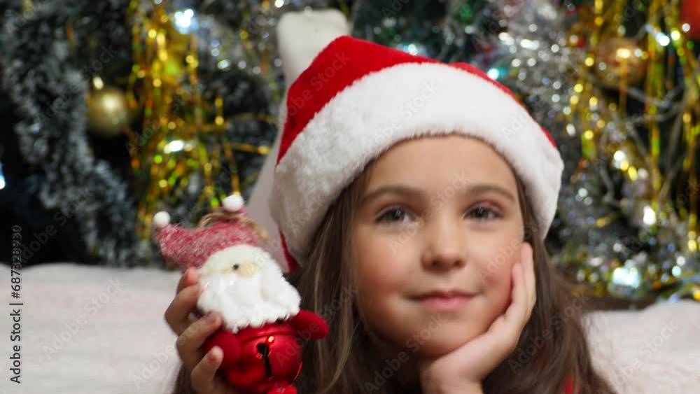 happy girl in santa claus hat hold hand demonstrate x-mas newyear advert promo wear warm winter clothes sings songs, congratulations a New Year's Christmas tree with toys and lights. happy girl in santa claus hat hold hand demonstrate x-mas newyear advert promo wear warm winter clothes sings songs, congratulations a New Year's Christmas tree with toys and lights.