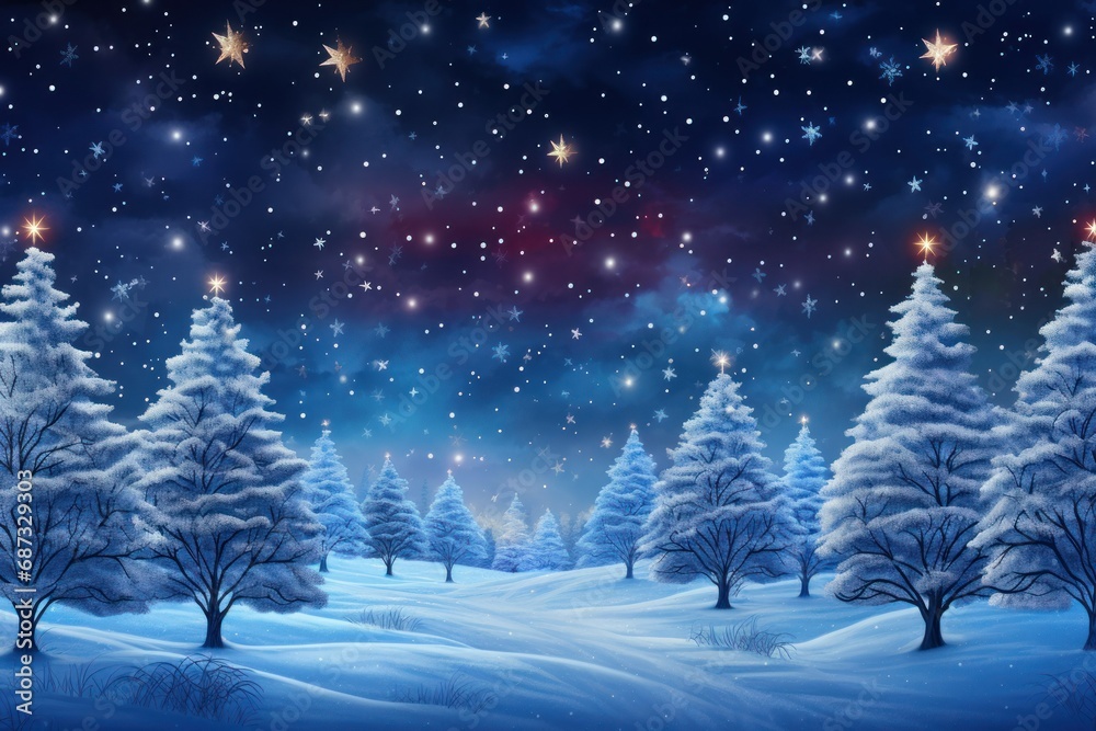 Magical Christmas landscape with twinkling star-shaped snowflakes and glowing trees