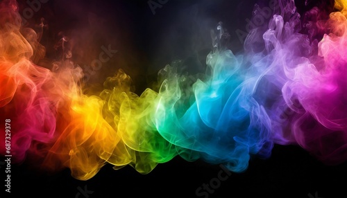 colorful rainbow colored smoke banner on dark black wide panorama background beautiful party concept magical glow abstract banner color drop with copy space