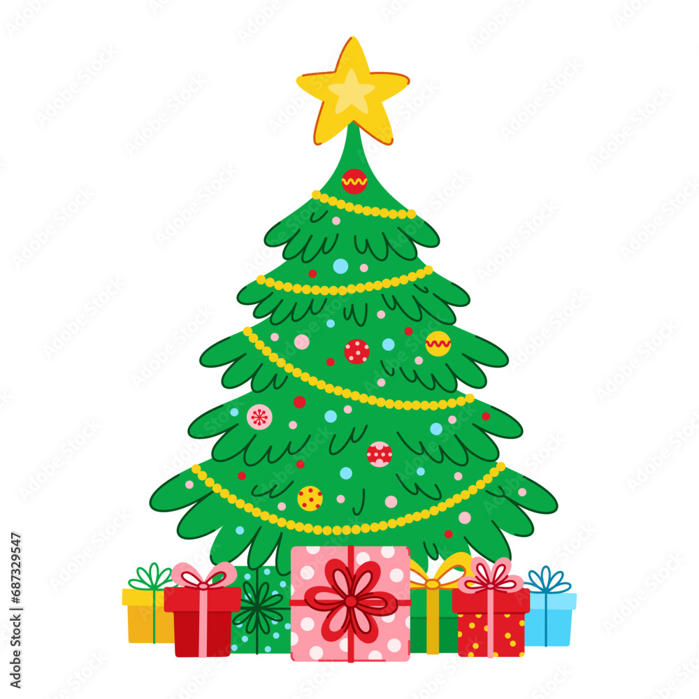 Christmas tree with gifts. Isolated vector illustration on a white background. Spruce decorated with Xmas decorations. Perfect for New Year design. Holiday fir tree with presents in cartoon flat style