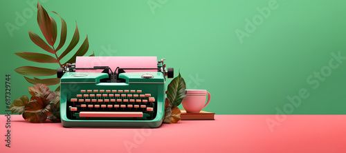 Pink and green typewriter on a pink and green background. Concept of creativity. Place for text, banner photo