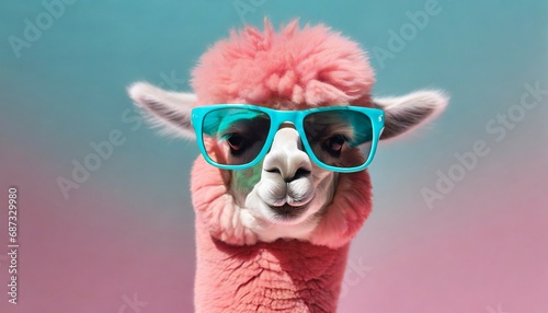 pink alpaca wearing turquoise sunglasses on pink background generative ai