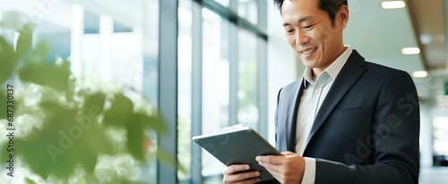 Mature korean business man financial manager using digital tablet working in office. professional businessman executive holding tab technology device standing at work. generative AI
