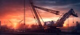 Installation of heavy crane in construction yard behind sunset, orange, blue