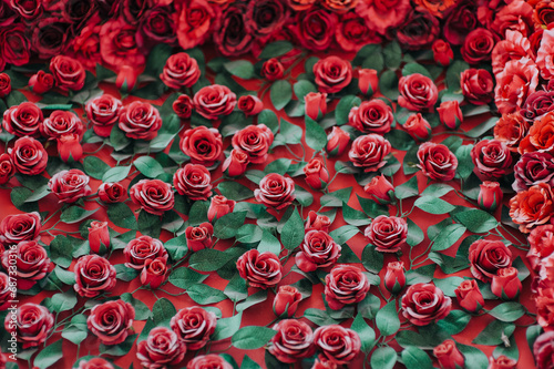 Many bright red artificial roses and green leaves. Natural background. © shchus