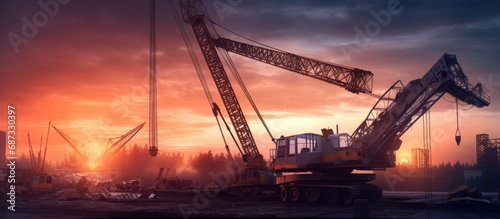 Installation of heavy crane in construction yard behind sunset, orange, blue photo