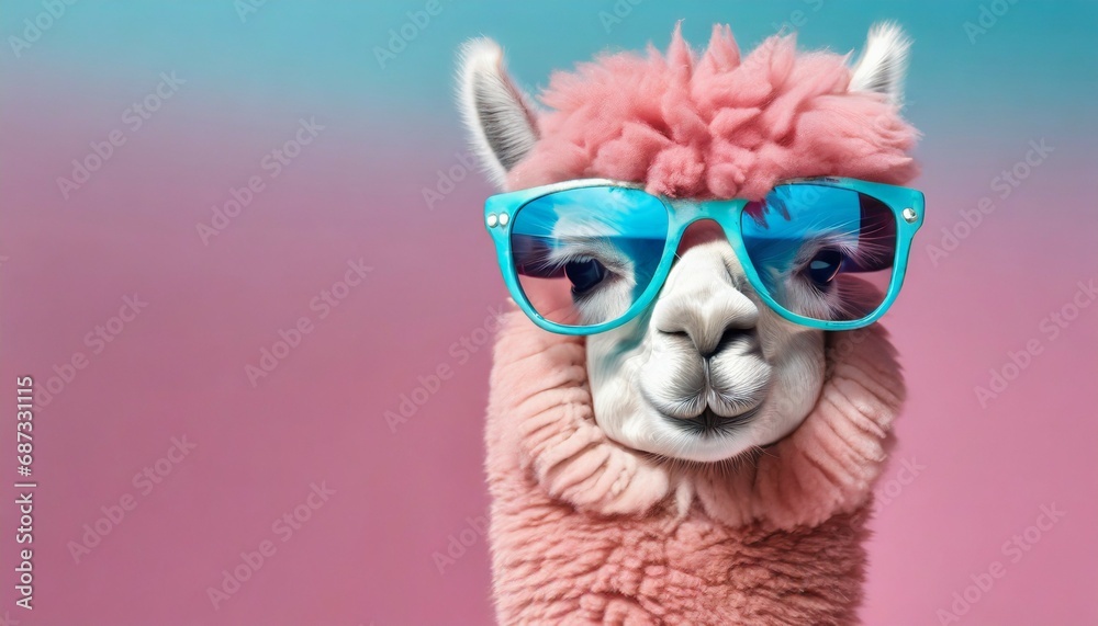 pink alpaca wearing turquoise sunglasses on pink background generative ai