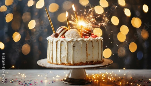 birthday cake on a stand decorated with a sweets sparklers on a backgrounds with lights bokeh generative ai