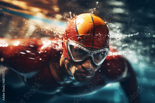 Young man swimmer swimming in a pool underwater. Sport, competition concept