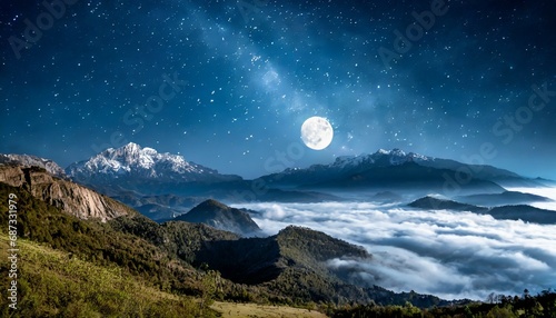 mountain backgrounds night sky with stars and moon and clouds © Irene