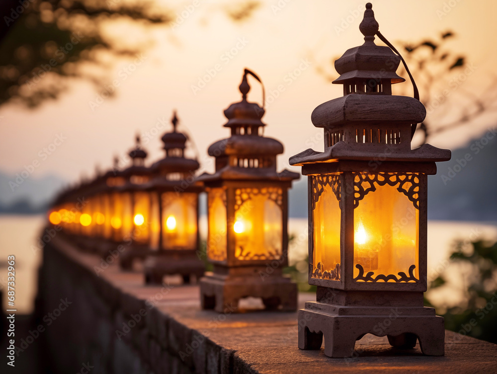 A row of Chinese lanterns light up at sunset. A row of Chinese lanterns light up at sunset.