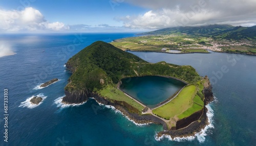 azores aerial panoramic view top view of islet of vila franca do campo crater of an old underwater volcano sao miguel island azores portugal heart carved by nature bird eye view photo