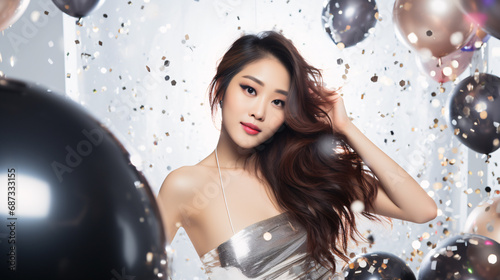 Glamorous close up portrait of asianmodel at a party, in a party dress, with confetti and balloons. photo