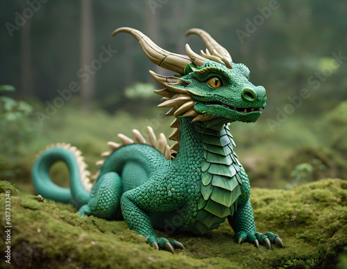 A wooden green dragon in a forest glade.