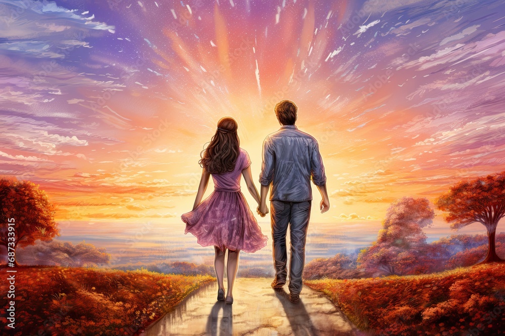 Fototapeta premium A couple in love strolling, holding hands, painted at sunset.