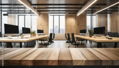 blank tabletop made of wooden planks with light contemporary furnished office on background mockup