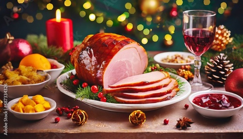 glazed sliced ham on dinner table for thanksgiving christmas holiday dinner generative ai photo