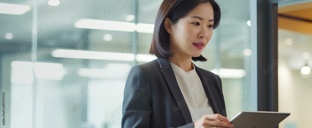 korean business woman financial manager using digital tablet working in office. professional businesswoman executive holding tab technology device standing at work. generative AI - obrazy, fototapety, plakaty 