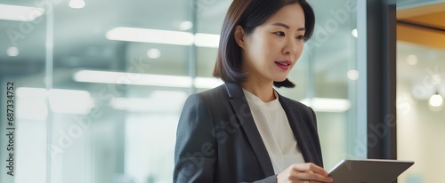 korean business woman financial manager using digital tablet working in office. professional businesswoman executive holding tab technology device standing at work. generative AI