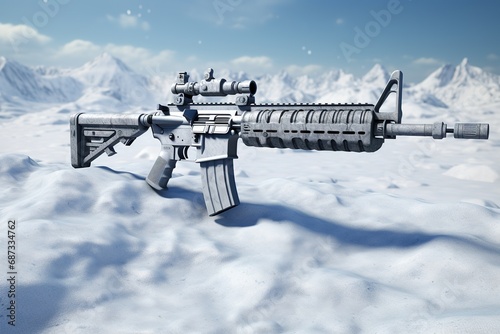 3d render of a machine gun in the snow with mountains in the background, Ai Generated photo