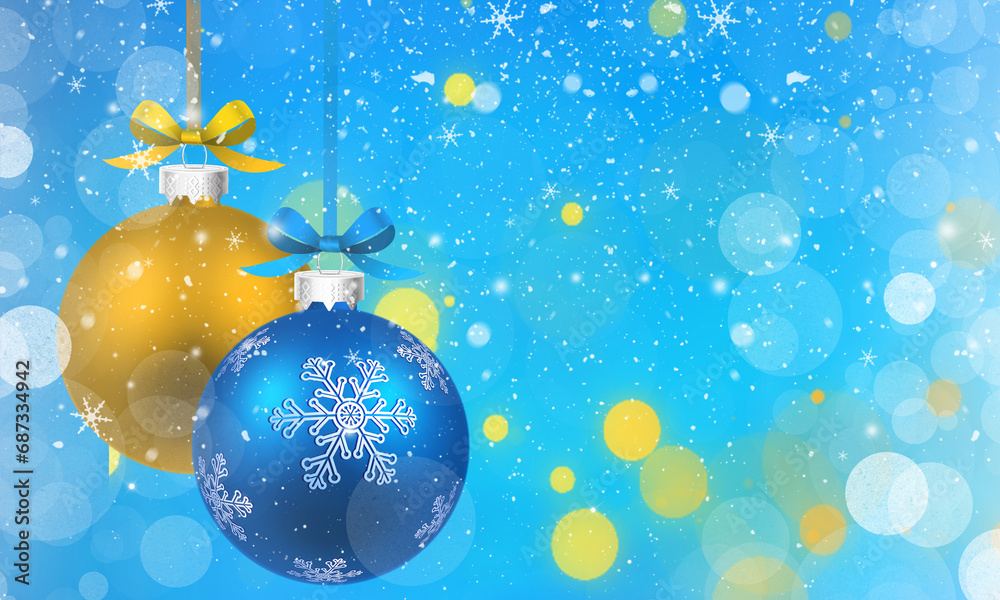 Christmas background with yellow and blue baubles and snowflakes. Christmas background with yellow and blue baubles and snowflakes.